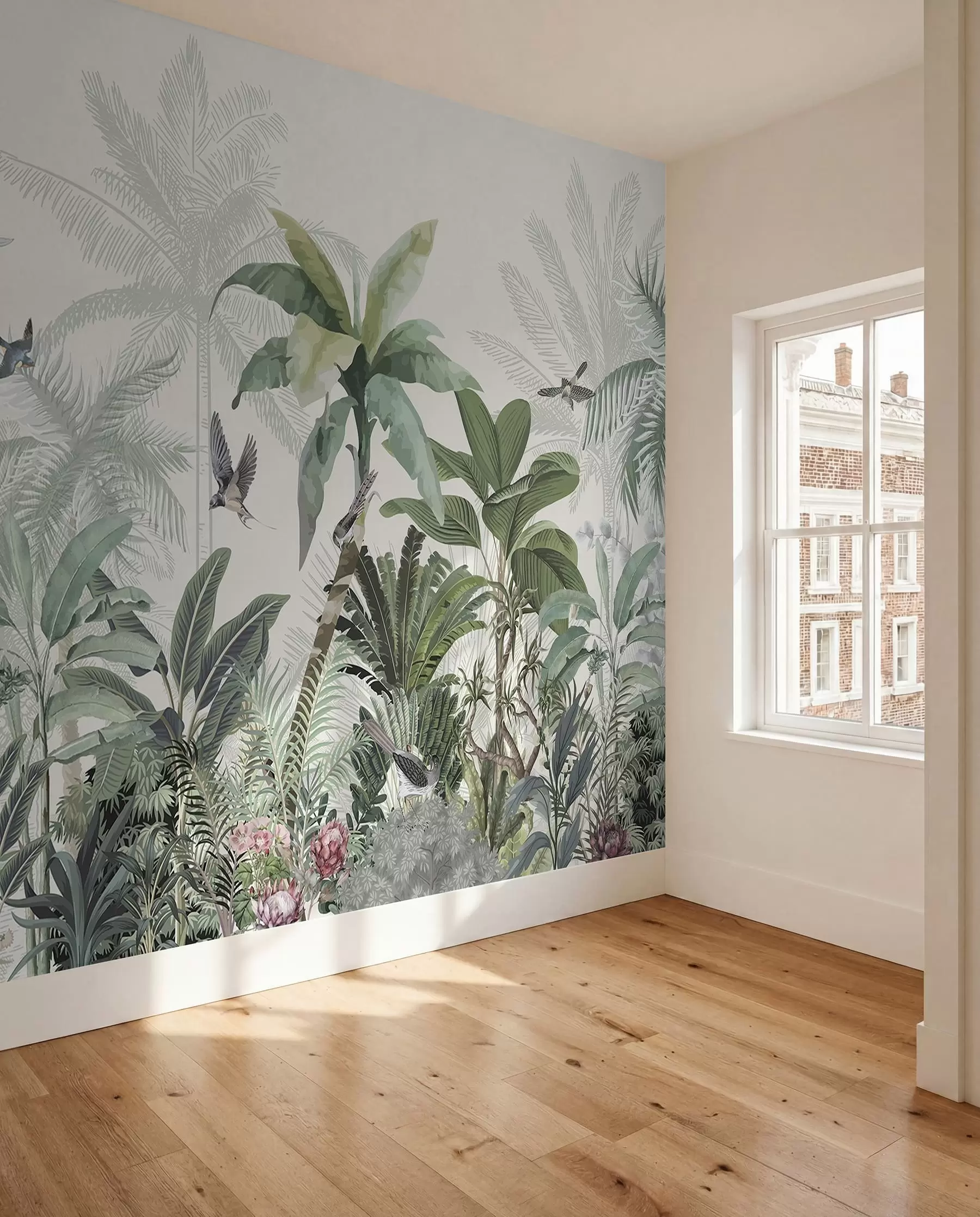 Fototapety Svieža scéna tropickej džungle s rôznymi palmami, veľkými listami a farebnými kvetmi v popredí w08239