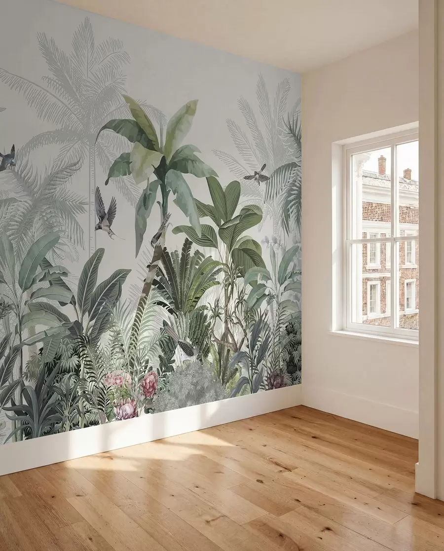 Fototapety Svieža scéna tropickej džungle s rôznymi palmami, veľkými listami a farebnými kvetmi v popredí w08239