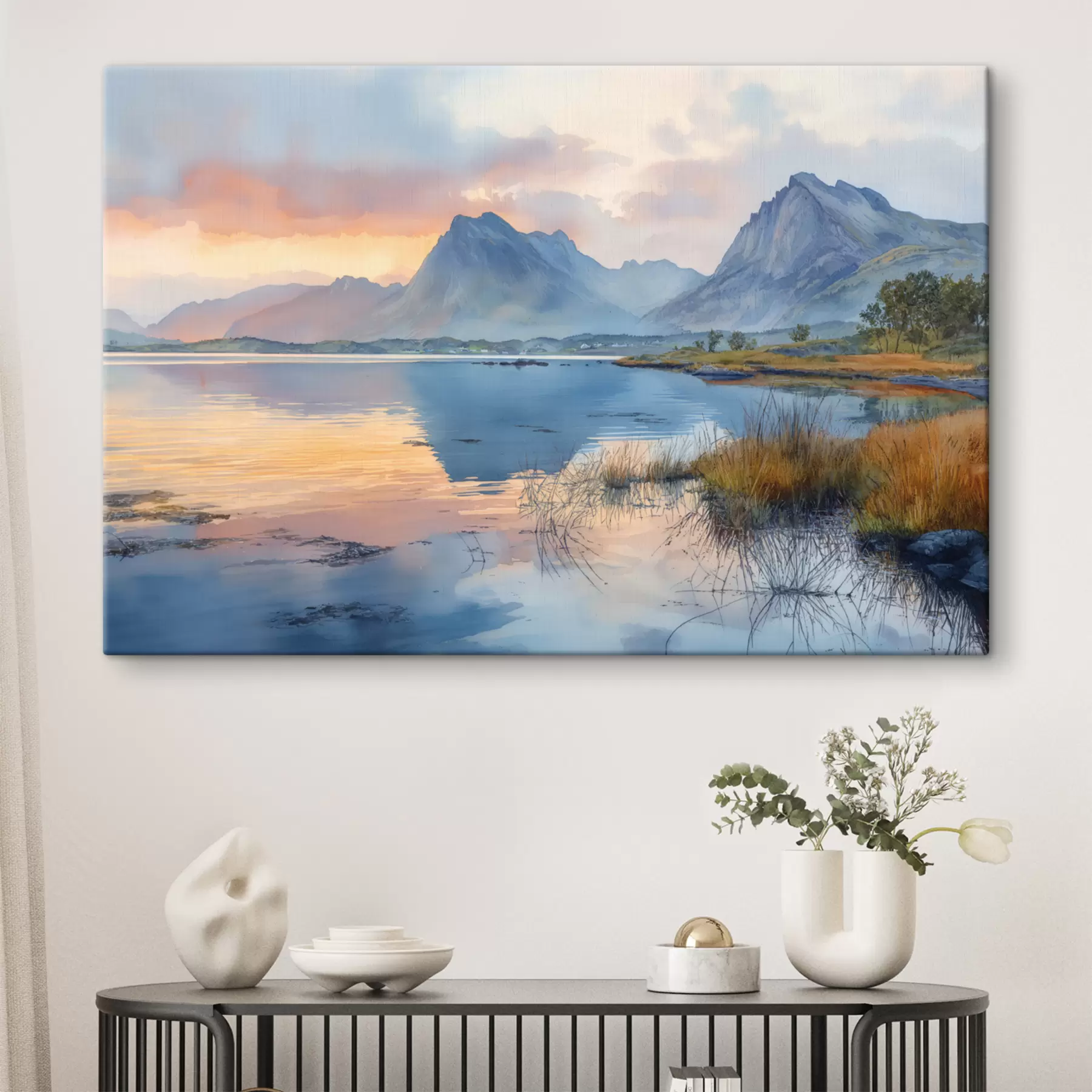 Fototapety Pokojná rieka s horami, východ slnka, jemné farby s40307