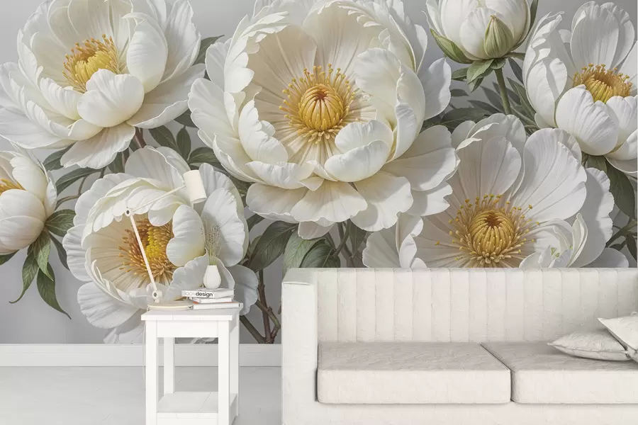 Fototapety Biela objemná maľba pivoniek so žltými stredmi, obklopená zelenými listami na svetlom pozadí w08249