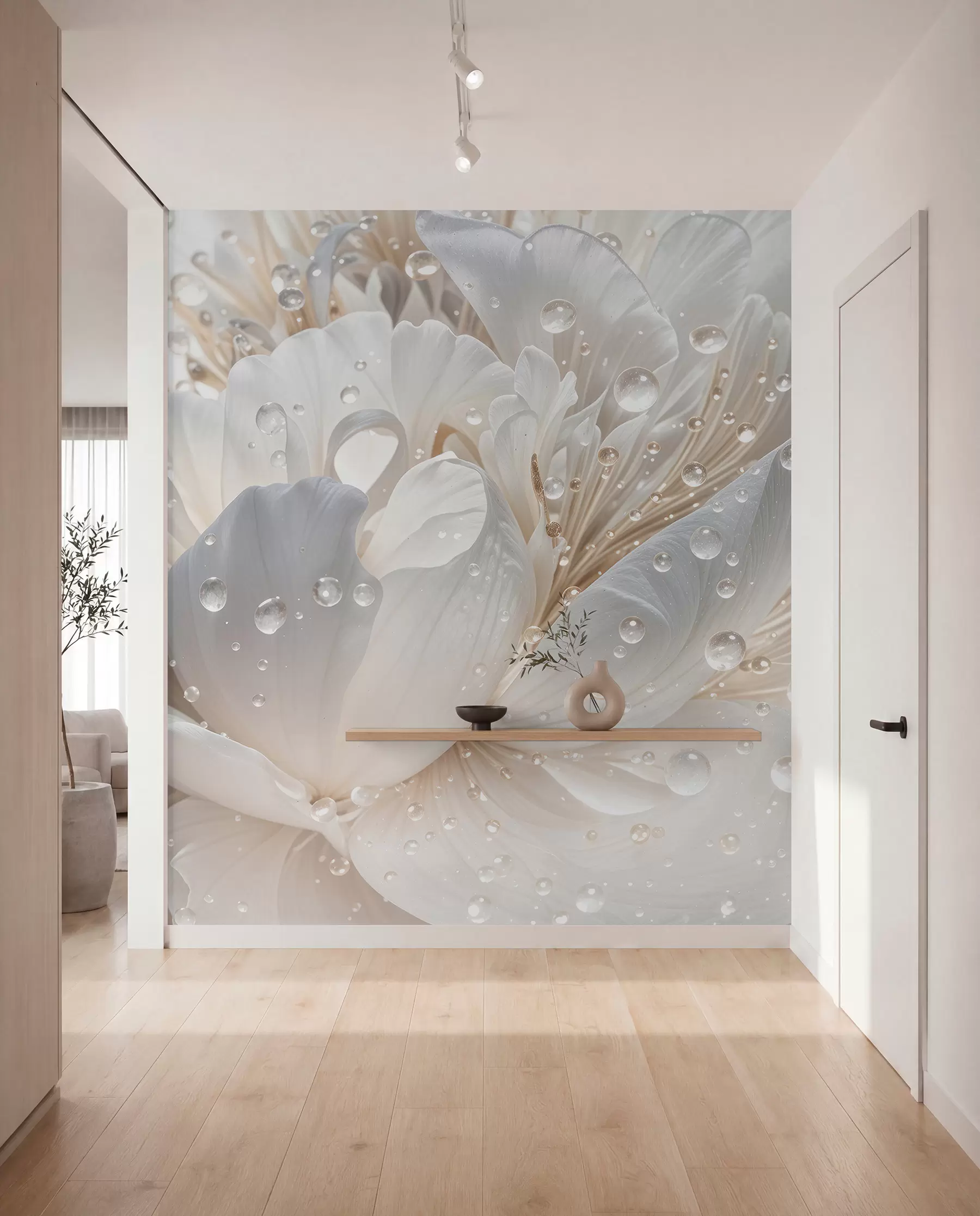 Fototapety Detailný záber na biely kvet pivonky s jemnými okvetnými lístkami a kvapkami vody w08262