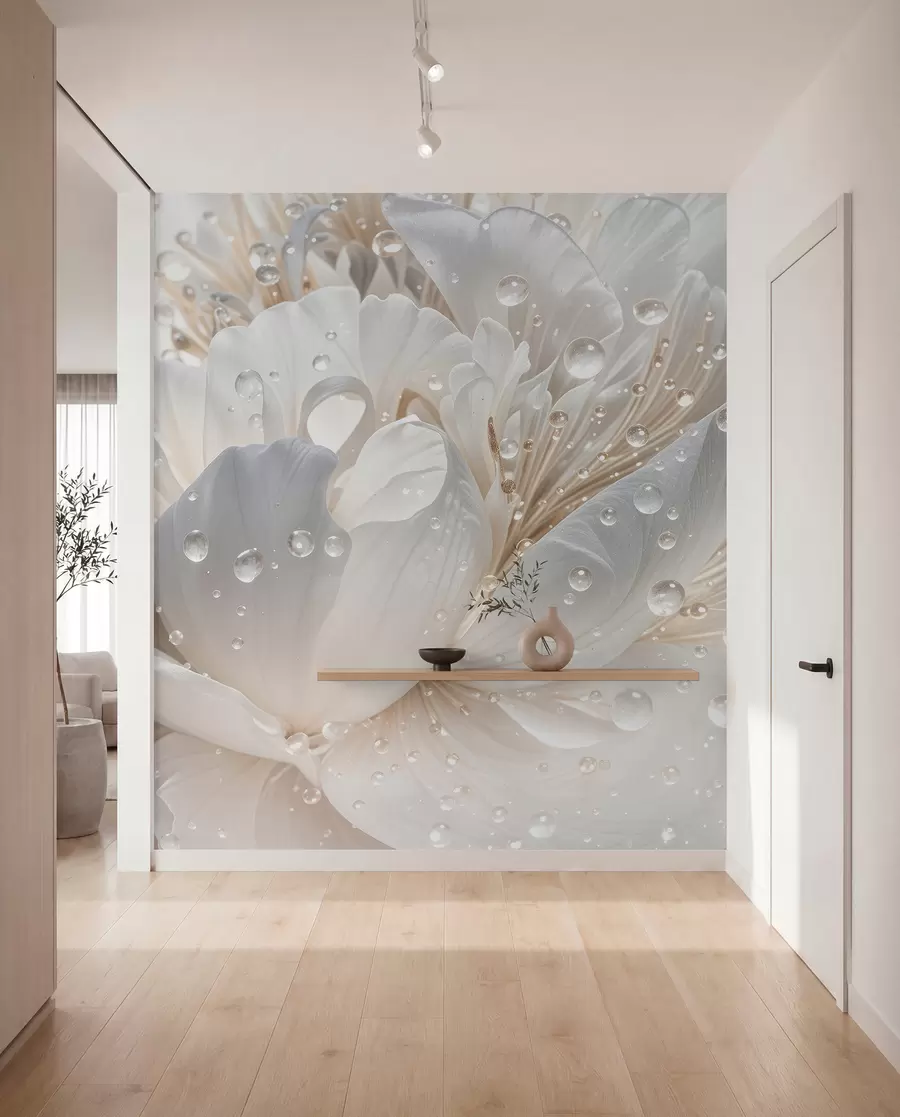 Fototapety Detailný záber na biely kvet pivonky s jemnými okvetnými lístkami a kvapkami vody w08262