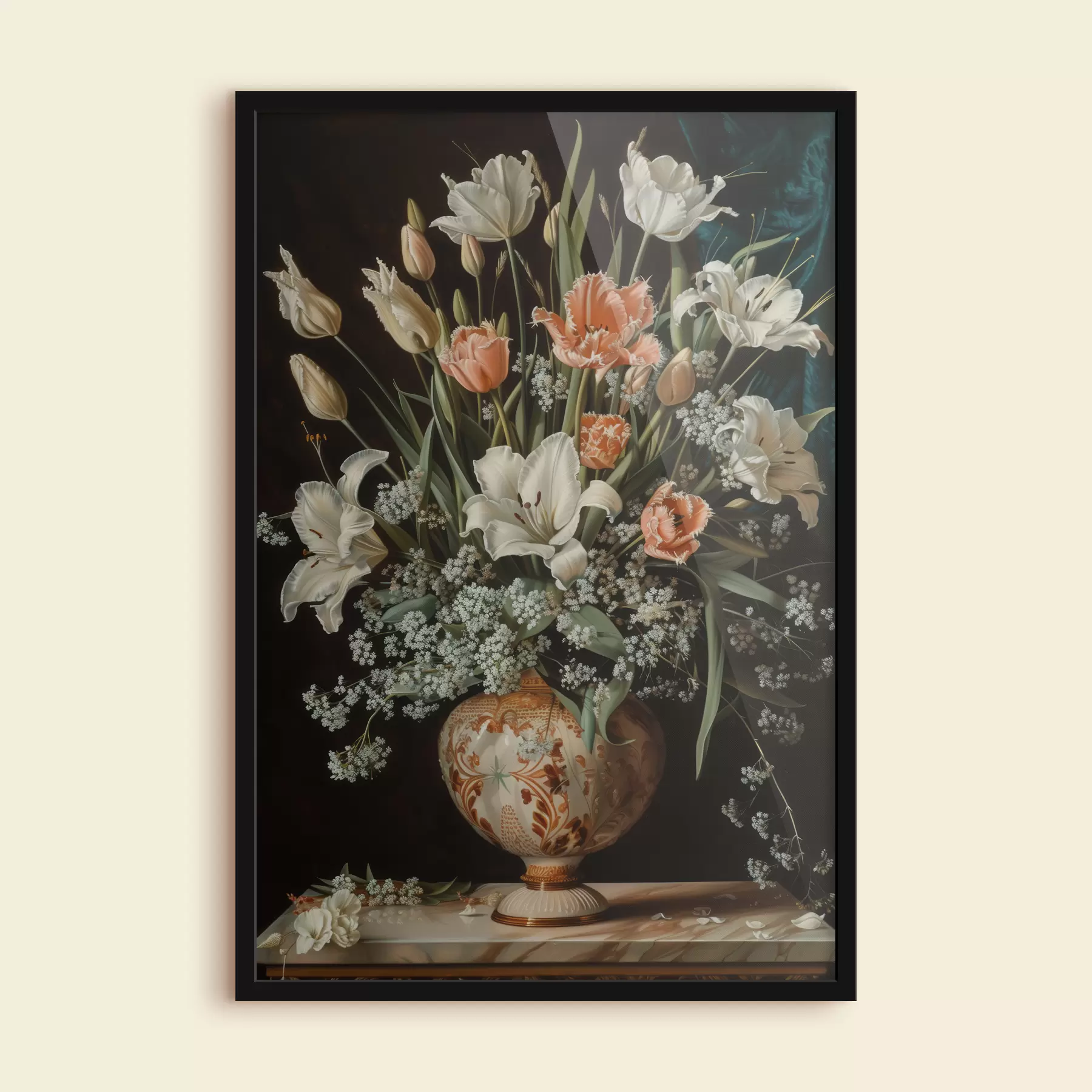 Fototapety Extravagantné barokové zátišie s vázou preplnenou tulipánmi, karafiátmi a hyacintmi, imitácia olejomaľby f40658