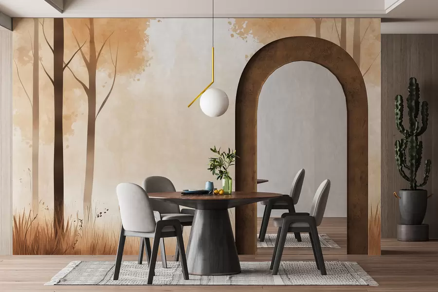 Fototapety Akvarel les, hmla, stromy, tráva, prírodná krajina, béžová farba w01563