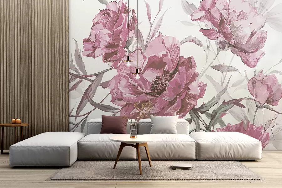 Fototapety Ružové pivonky maľba so sviežou zeleňou na svetlom abstraktnom pozadí  w08274