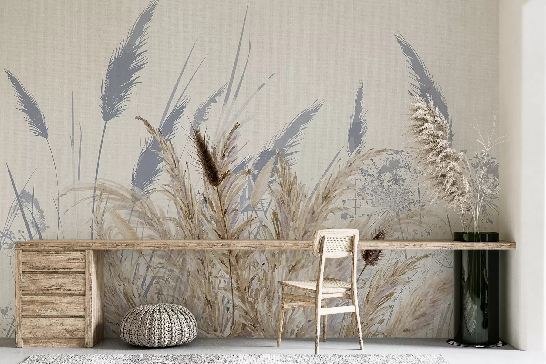 Fototapety Vysoké steblá pšenice a trávy s nadýchanými bielymi perami na svetlom pozadí w08282