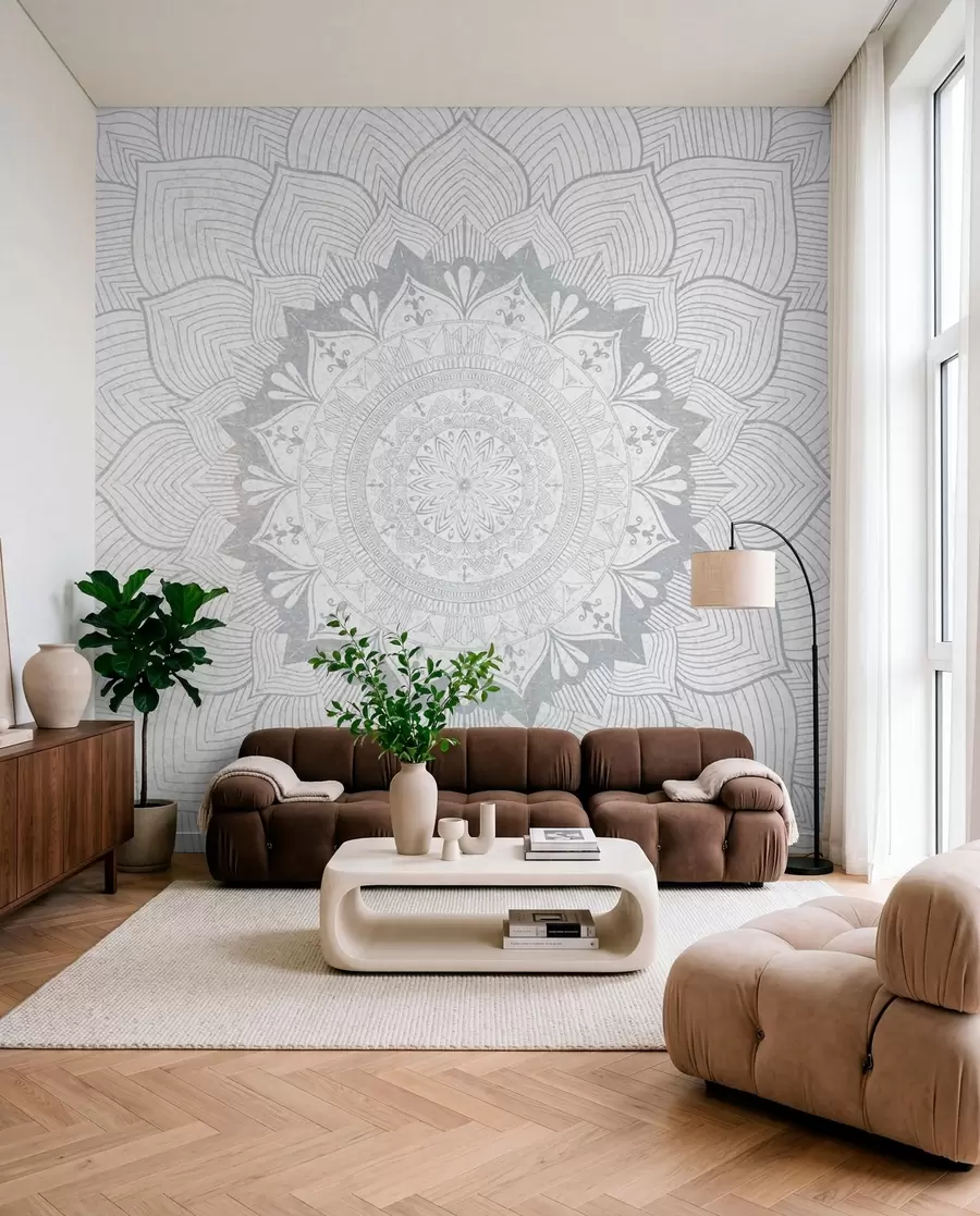 Fototapety Okrúhla mandala, tapeta pre priestor na jogu alebo na harmonizáciu osobného priestoru. Nástenná mandala v sivých odtieňoch na štruktúrovanom heterogénnom pozadí w01088v2