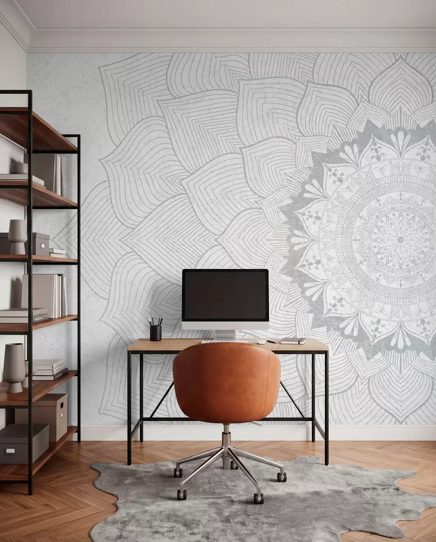 Fototapety Okrúhla mandala, tapeta pre priestor na jogu alebo na harmonizáciu osobného priestoru. Nástenná mandala v sivých odtieňoch na štruktúrovanom heterogénnom pozadí w01088v2