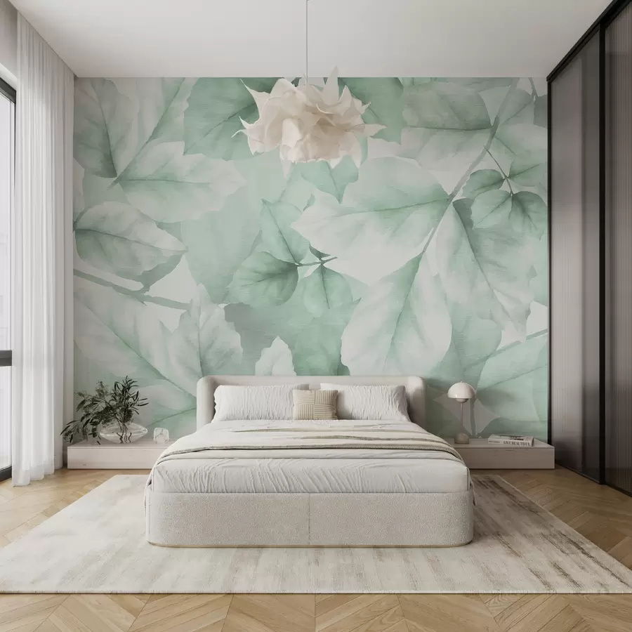 Fototapety Texturované tapety s veľkými listami v pastelových odtieňoch zelenej w01090v3