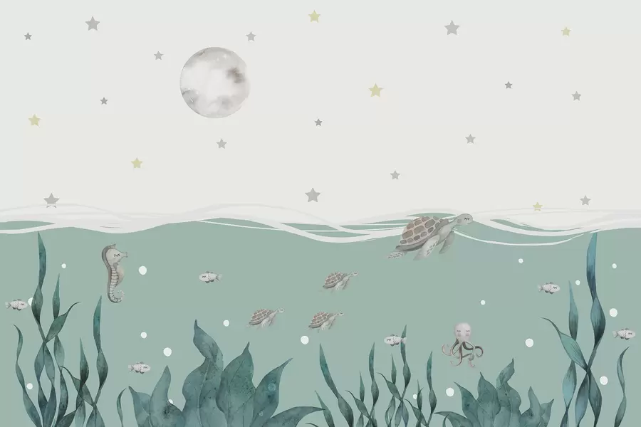 Fototapety Morský motív s korytnačkami, morským koníkom, rybami a mesiacom v splne w01521