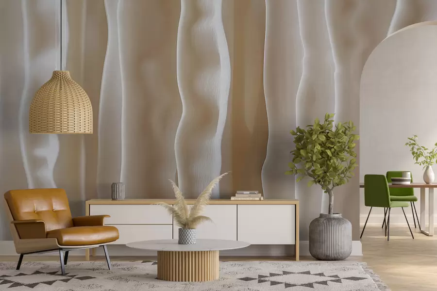 Fototapety Abstraktná scéna z organického materiálu, vyrezávané 3D vertikálne pruhy v béžovej farbe w01541