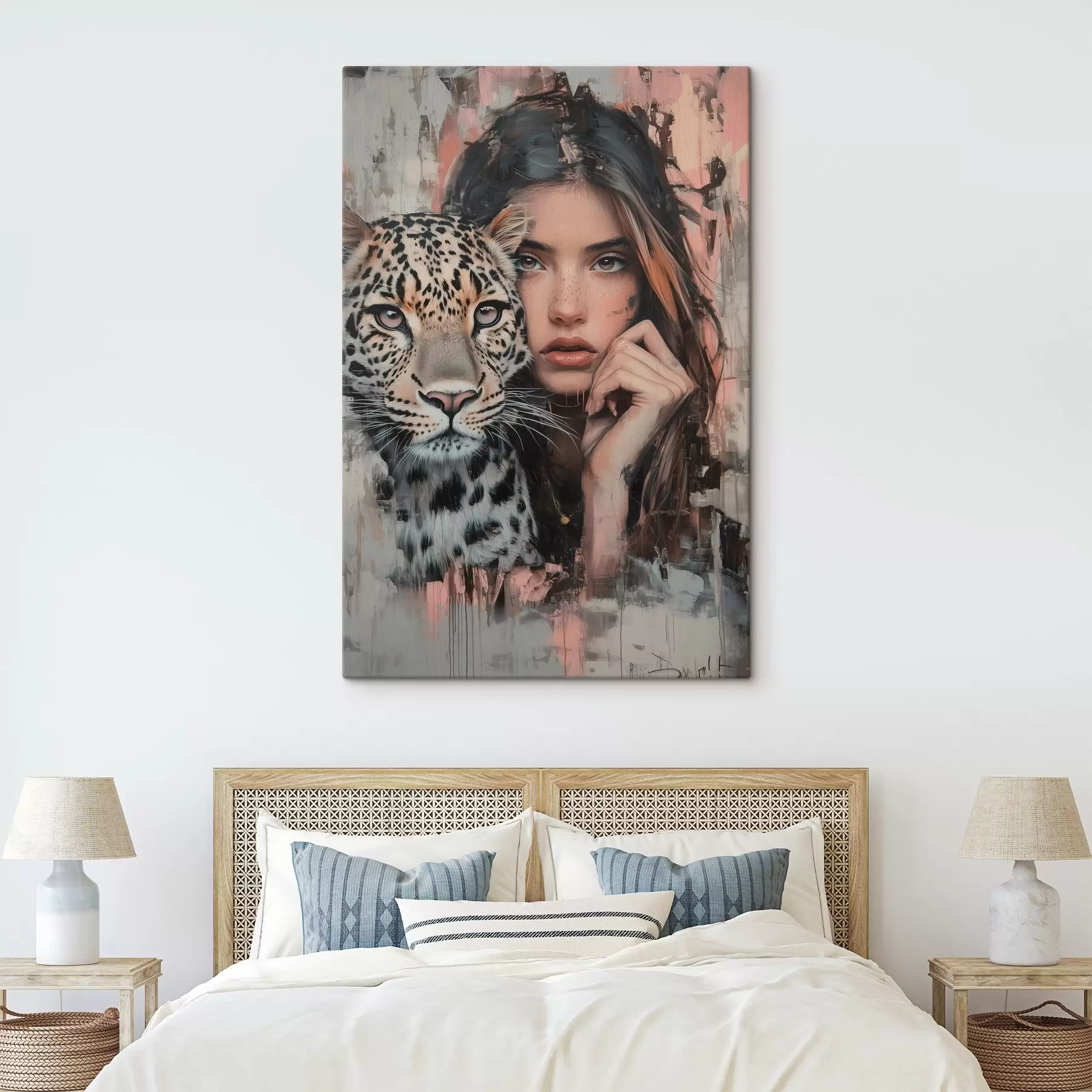 Fototapety Dievča s leopardom, pop art, realizmus, živé ťahy štetcom, akryl  s40821
