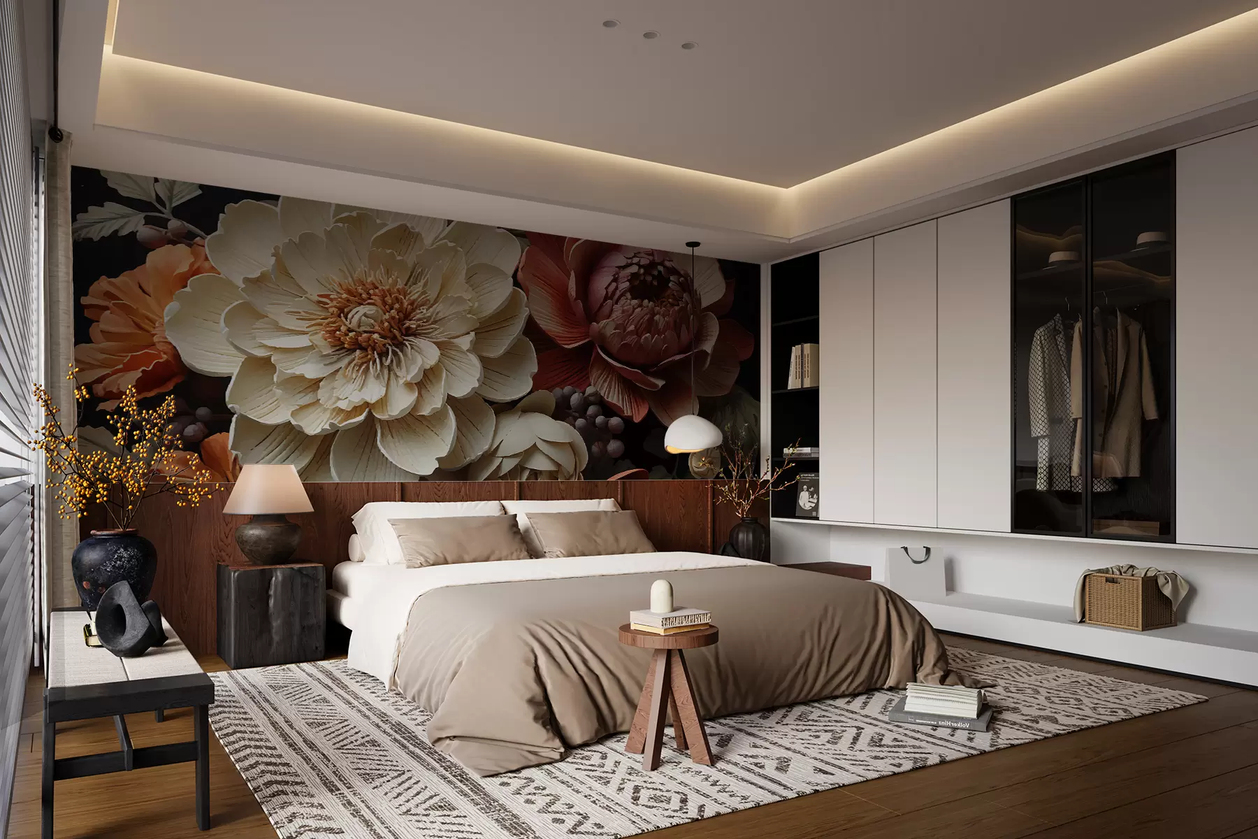 Fototapety Veľké kvety, pivonky, tmavé pozadie, svetlé kvety w01662