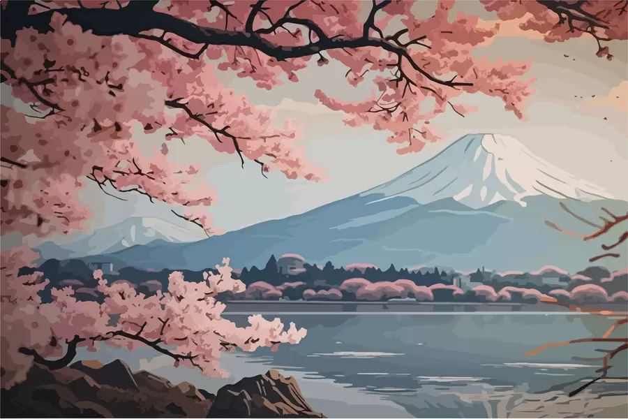Fototapety Sakura, hory, akvarel w01664