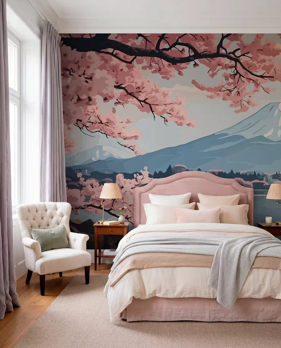Fototapety Sakura, hory, akvarel w01664