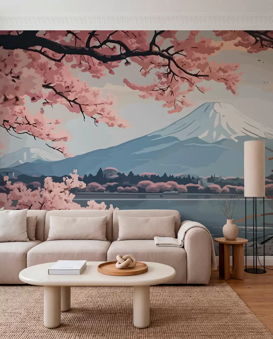 Fototapety Sakura, hory, akvarel w01664