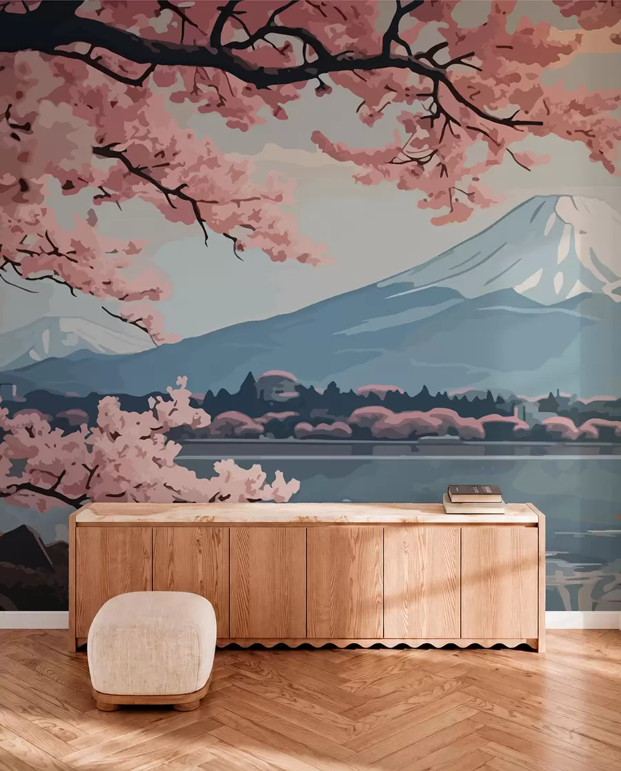Fototapety Sakura, hory, akvarel w01664