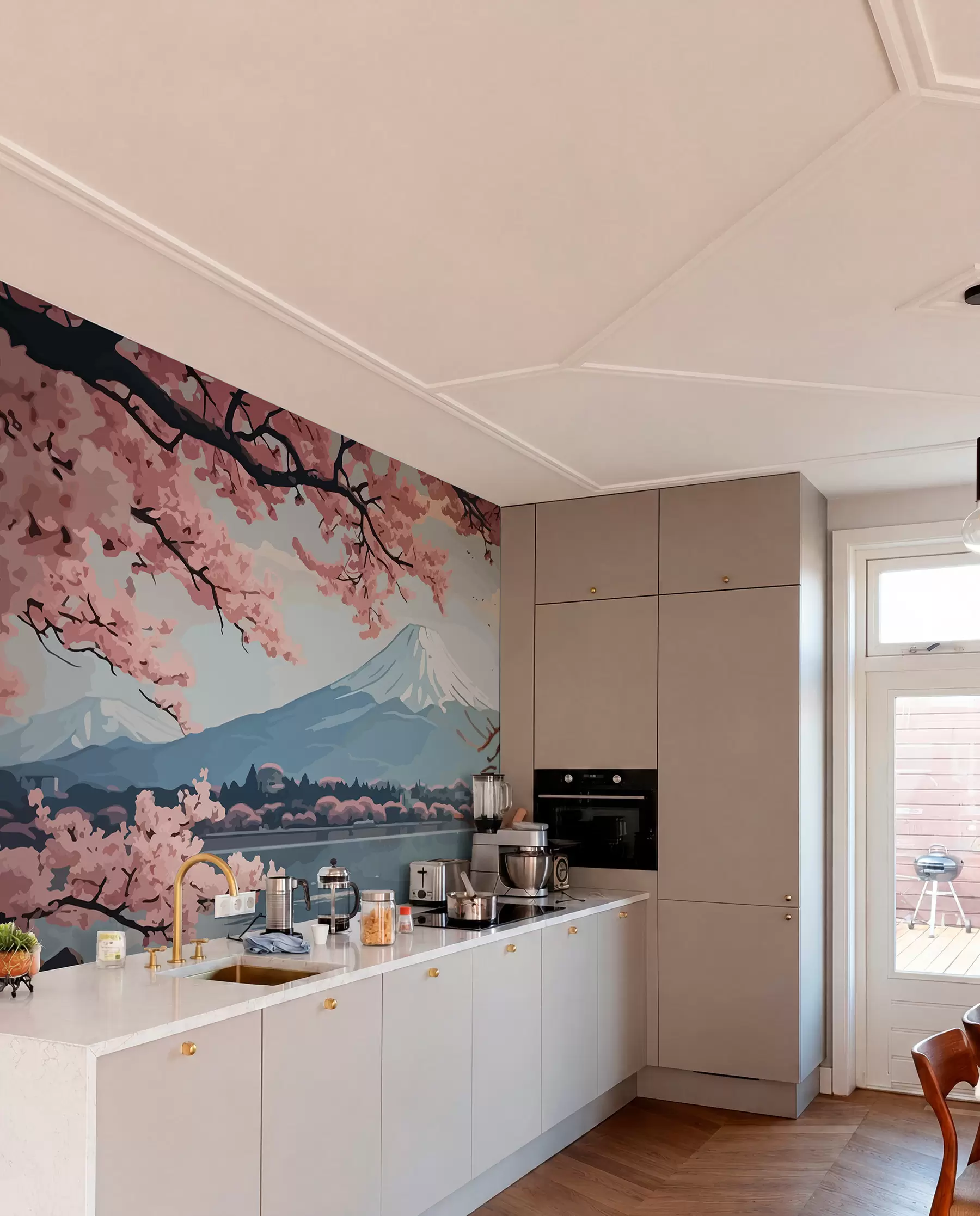 Fototapety Sakura, hory, akvarel w01664