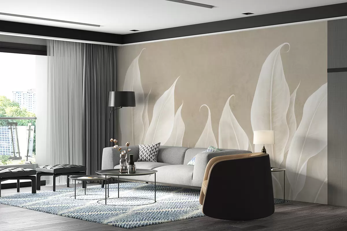 Fototapety veľké biele listy na béžovom pozadí w01679