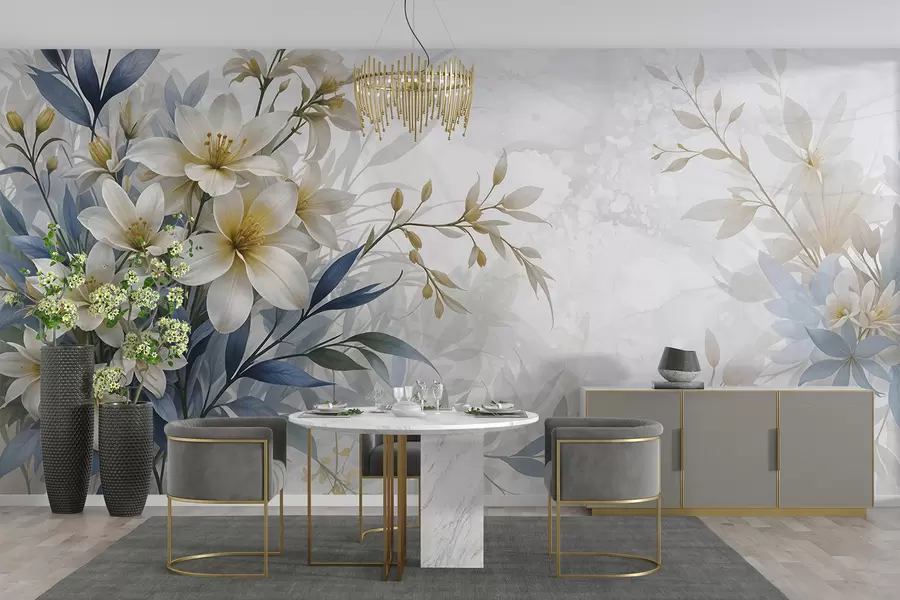 Fototapety Biela, béžová a modrá kvetinová kytica s jemnými listami na jemnom, rozmazanom pozadí w08314