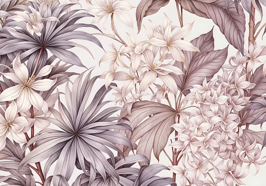 Fototapety Tropická kvetinová potlač s veľkými bielymi a svetloružovými kvetmi, bordovými listami a neutrálnym pozadím w08318v1