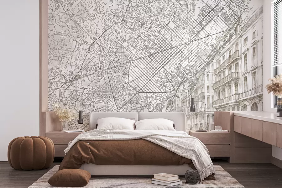 Fototapety Barcelona mapa mesta, lineárna kresba, architektúra, Španielsko, béžové farby w01695
