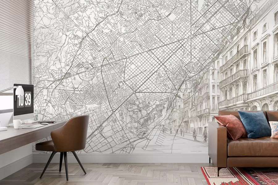Fototapety Barcelona mapa mesta, lineárna kresba, architektúra, Španielsko, béžové farby w01695