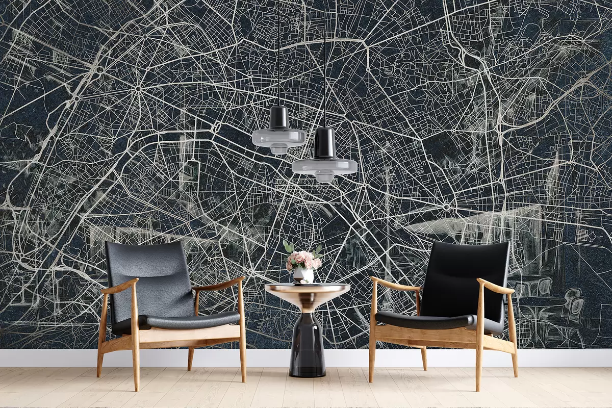 Fototapety Mapa Paríža, lineárna kresba, architektúra, Francúzsko, tmavé farby w01697v1