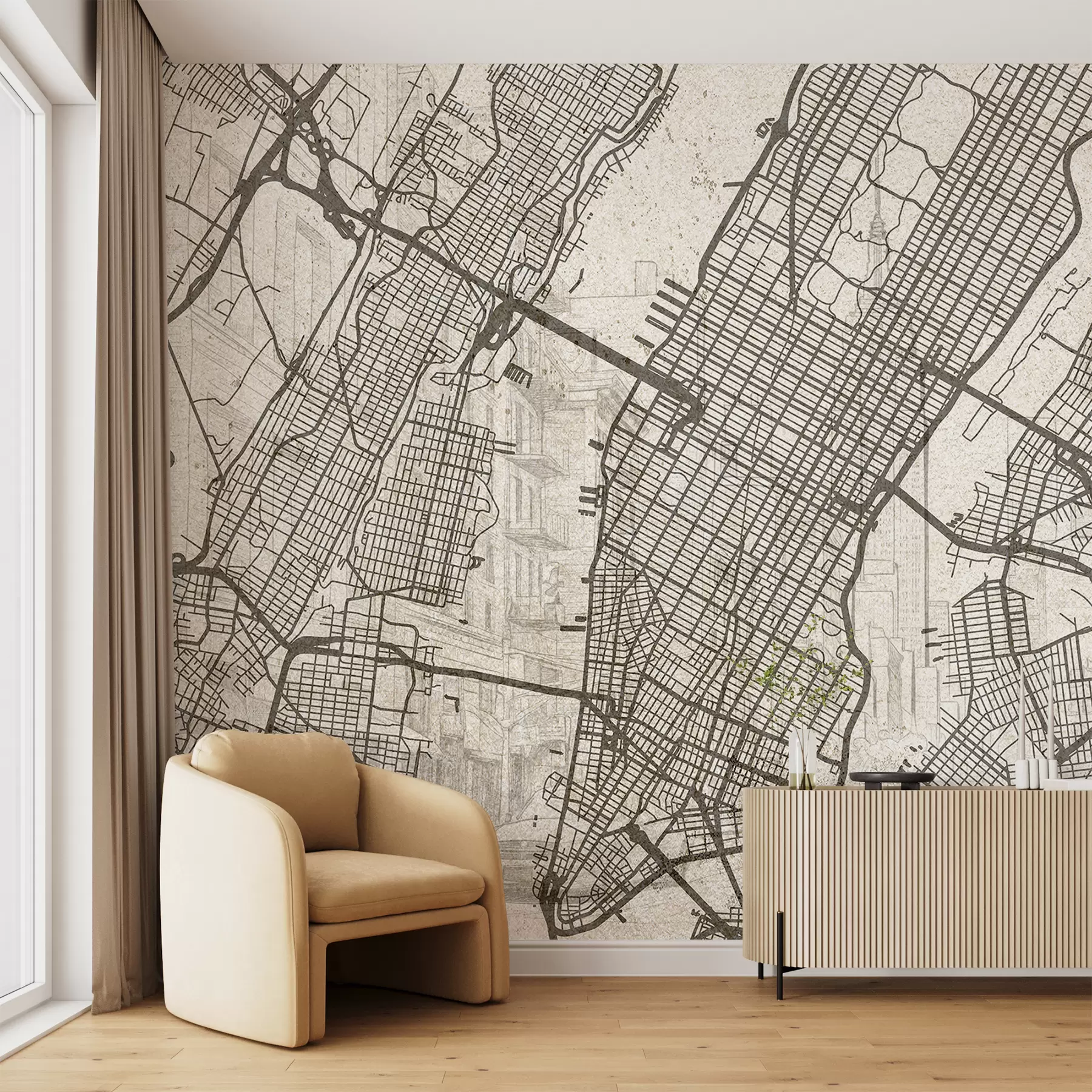 Fototapety Mapa mesta New York, kresba, architektúra, béžové farby w01699