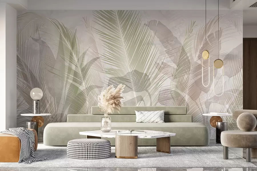 Fototapety Tropické palmové listy v jemných pastelových farbách s rozmazaným a hmlistým textúrovaným pozadím w08326