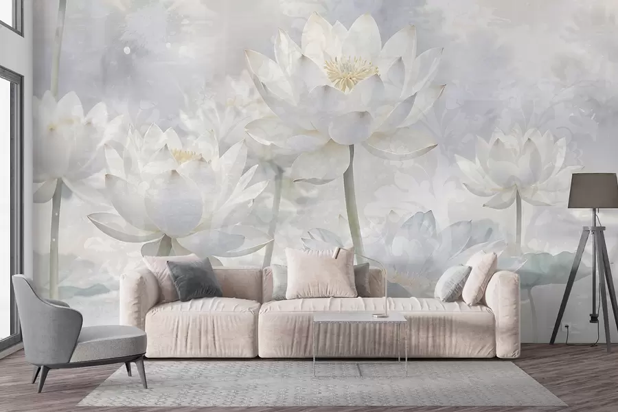 Fototapety Biele lotosové kvety v hmlistom, éterickom pozadí abstraktnej pastelovej krajiny w08328