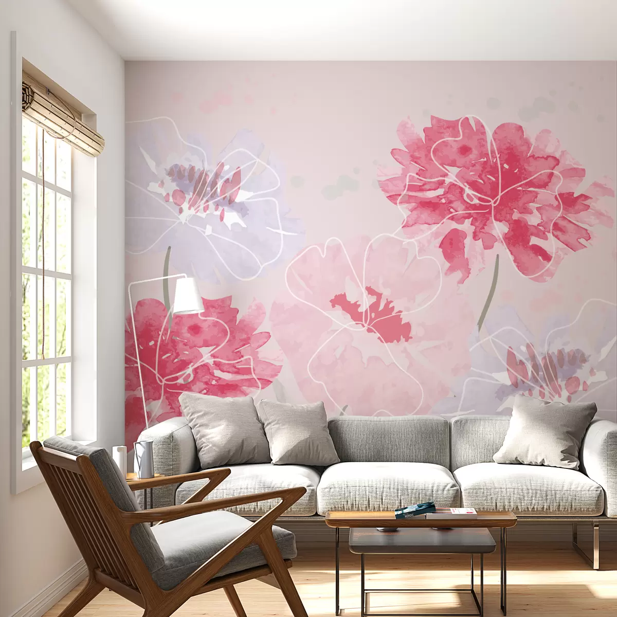 Fototapety ružové a fialové kvety v akvarele w01159