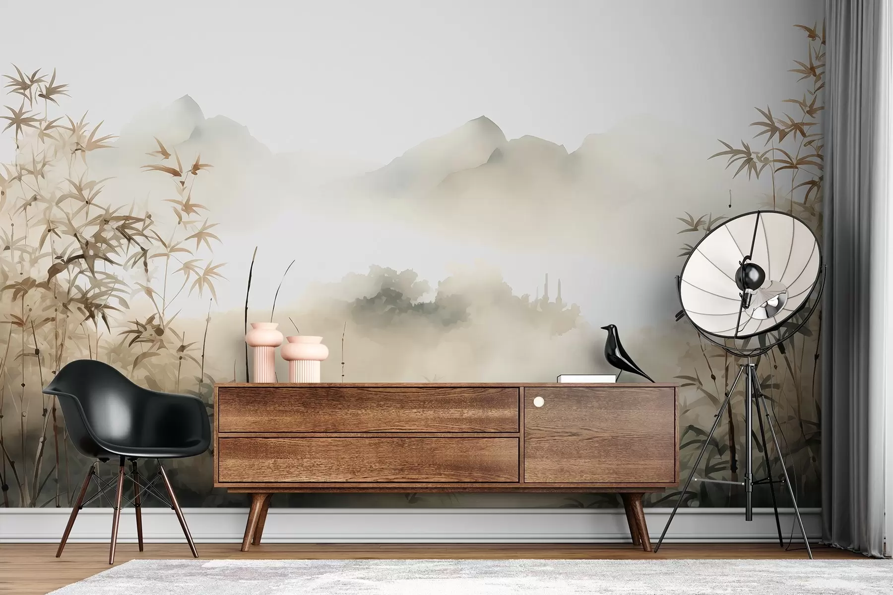 Fototapety Bambus pri rybníku s horami v hmle v pozadí mokrý akvarel w01862