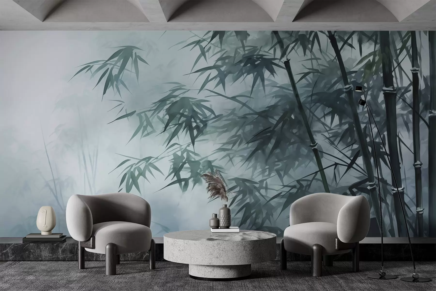 Fototapety Bambusové stonky na pozadí tmavej hmly mokrý akvarel w01863