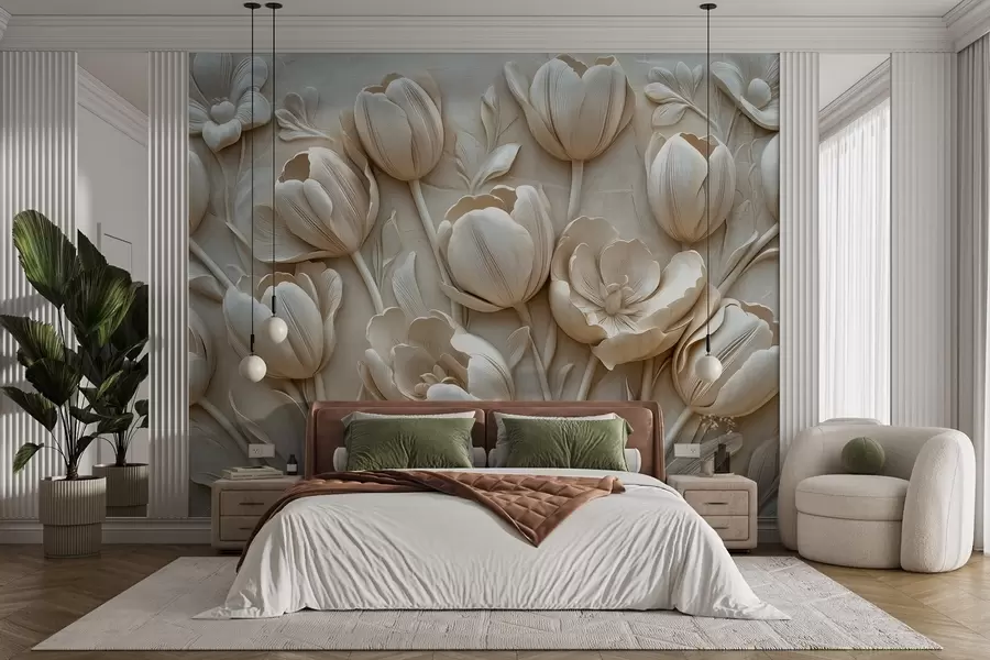 Fototapety 3D kvetinové umenie s pôvabnými tulipánmi v béžovej farbe w01851