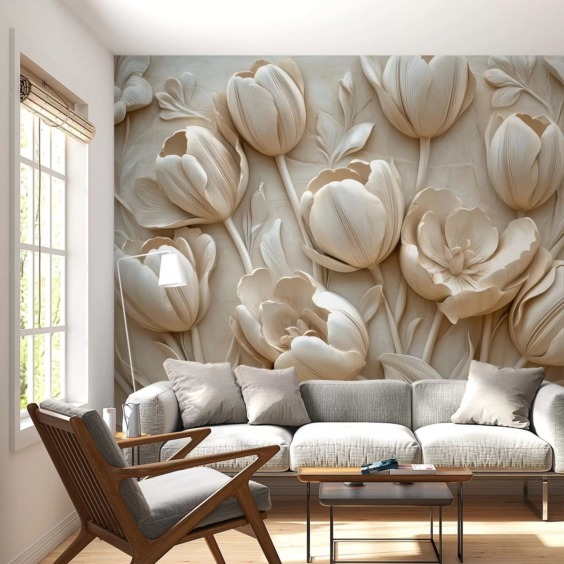 Fototapety 3D kvetinové umenie s pôvabnými tulipánmi v béžovej farbe w01851