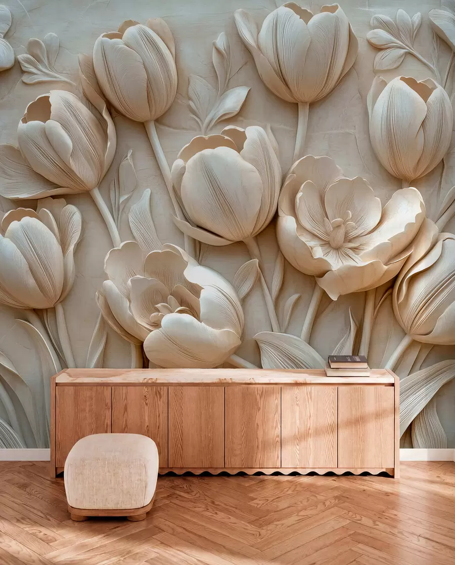 Fototapety 3D kvetinové umenie s pôvabnými tulipánmi v béžovej farbe w01851