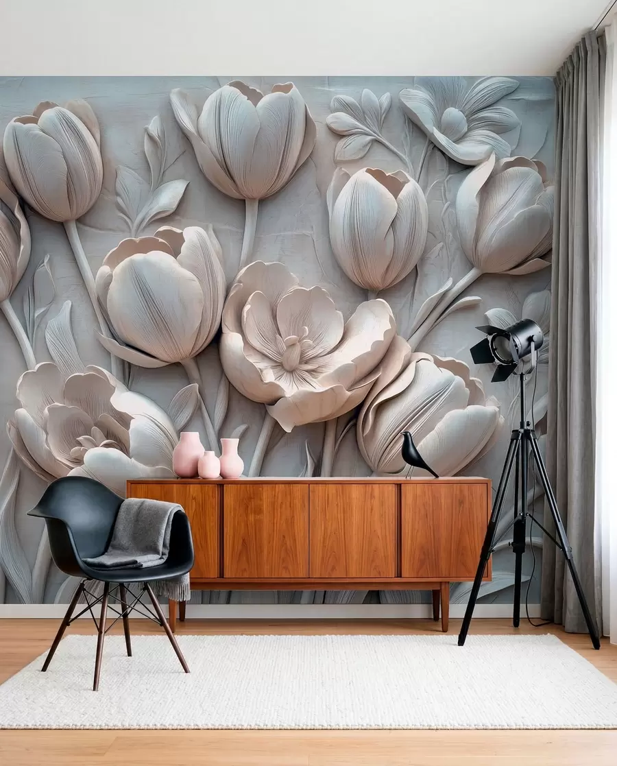 Fototapety 3D kvetinové umenie s pôvabnými tulipánmi v sivej farbe w01851v1