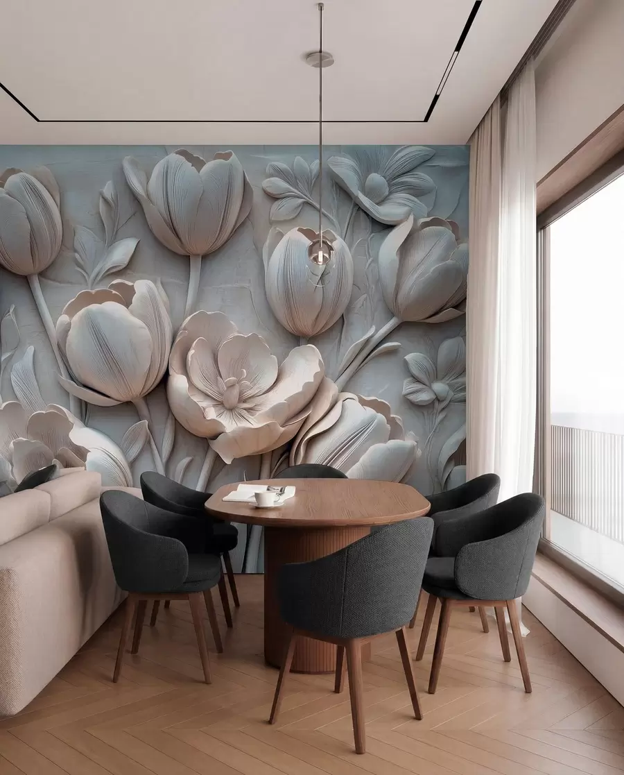 Fototapety 3D kvetinové umenie s pôvabnými tulipánmi v sivej farbe w01851v1