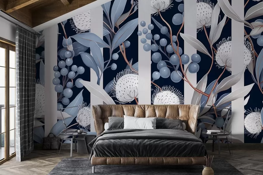 Fototapety Kvetinový ornament s lesnými plodmi, vintage, modrá a sivá farba w01886