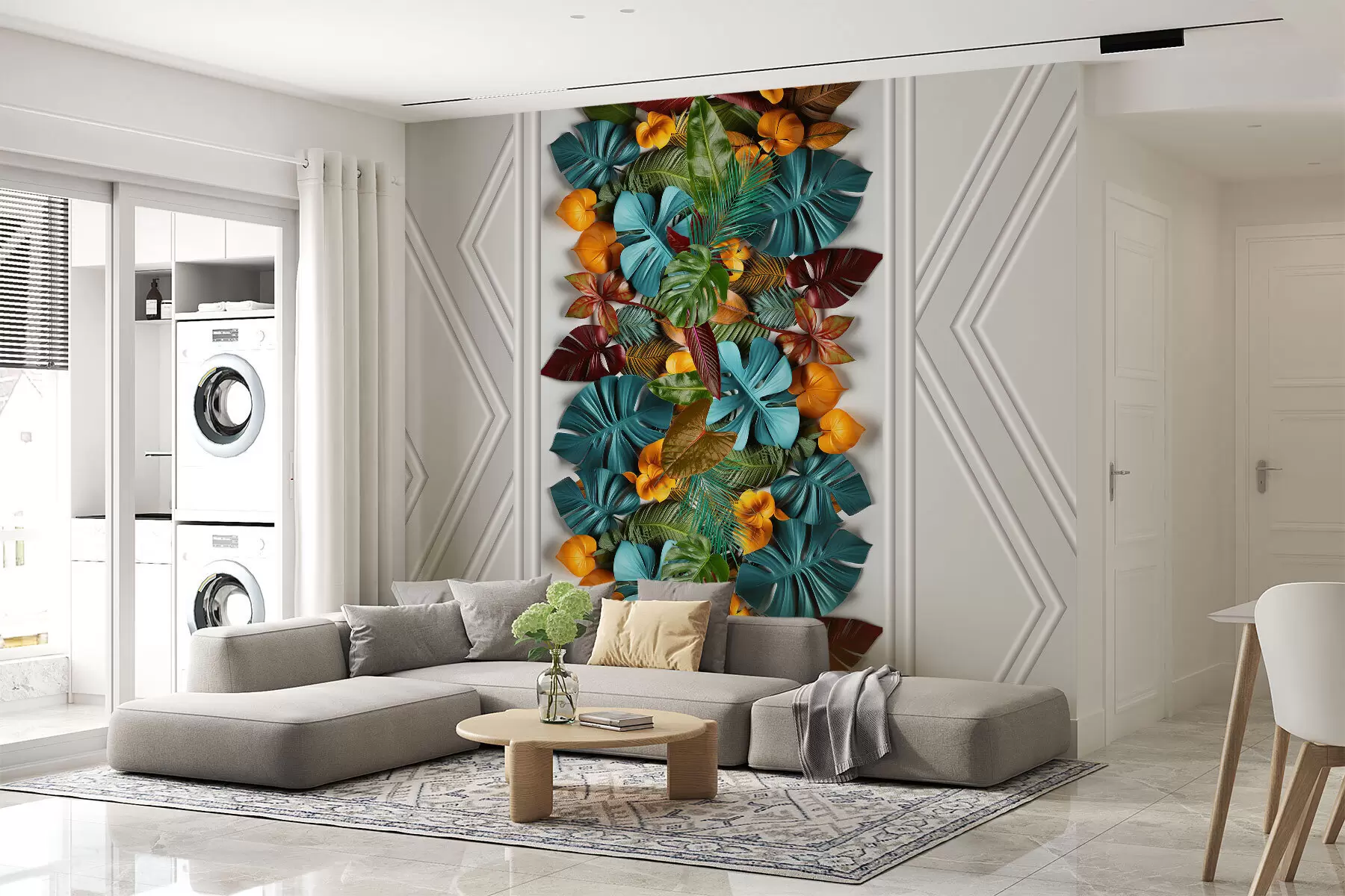 Fototapety 3D tapeta s farebnými tropickými listami a geometriou na sivom pozadí w01876