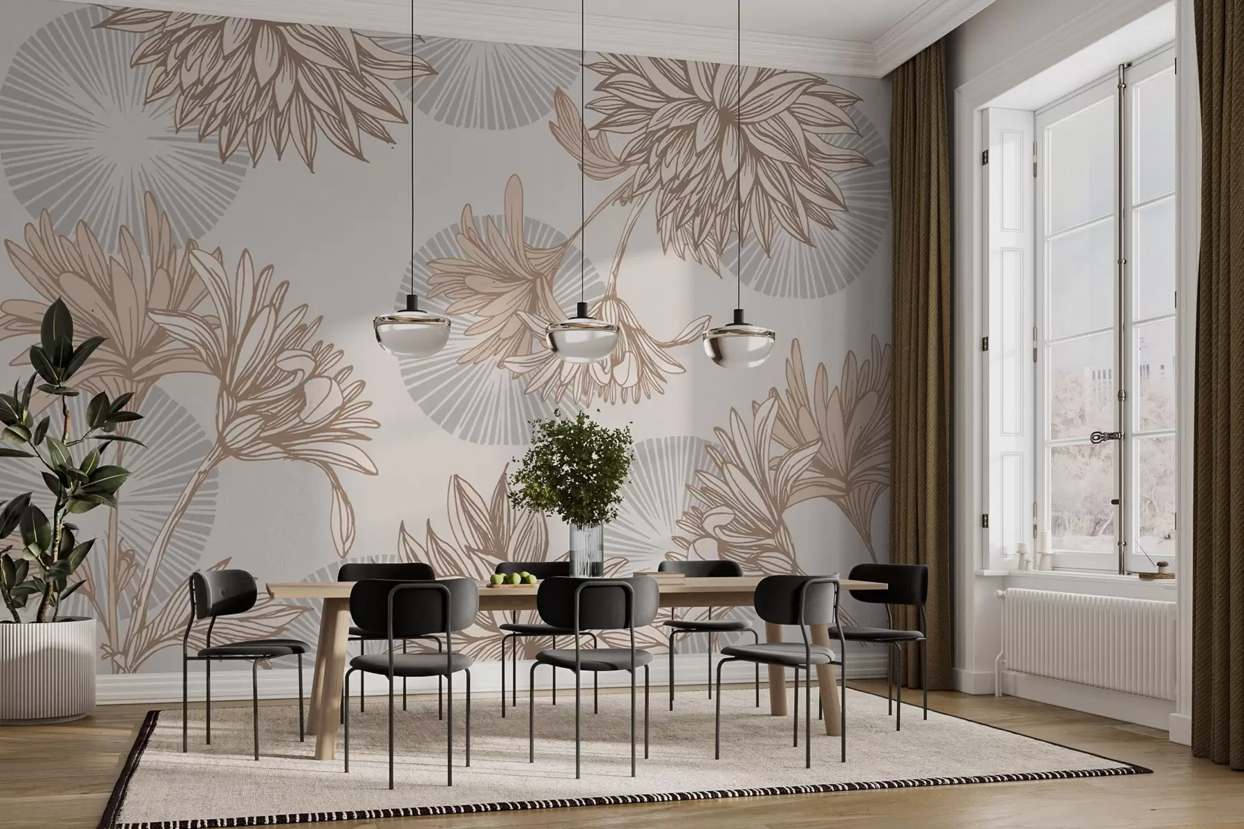 Fototapety veľké béžové kvety a sivé kruhy w02015v2