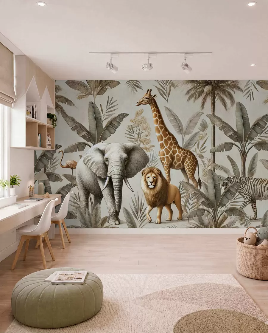 Fototapety Detské tapety Safari s tropickou krajinou a rôznymi zvieratami v elegantných farbách w01956