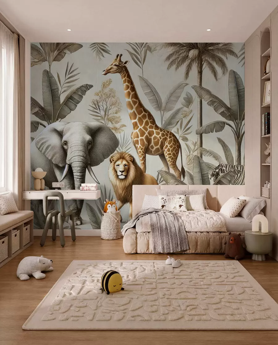 Fototapety Detské tapety Safari s tropickou krajinou a rôznymi zvieratami v elegantných farbách w01956