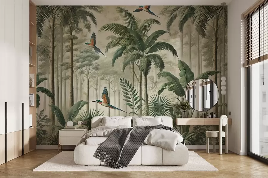 Fototapety Panoráma s tropickou krajinou a vtákmi w01957