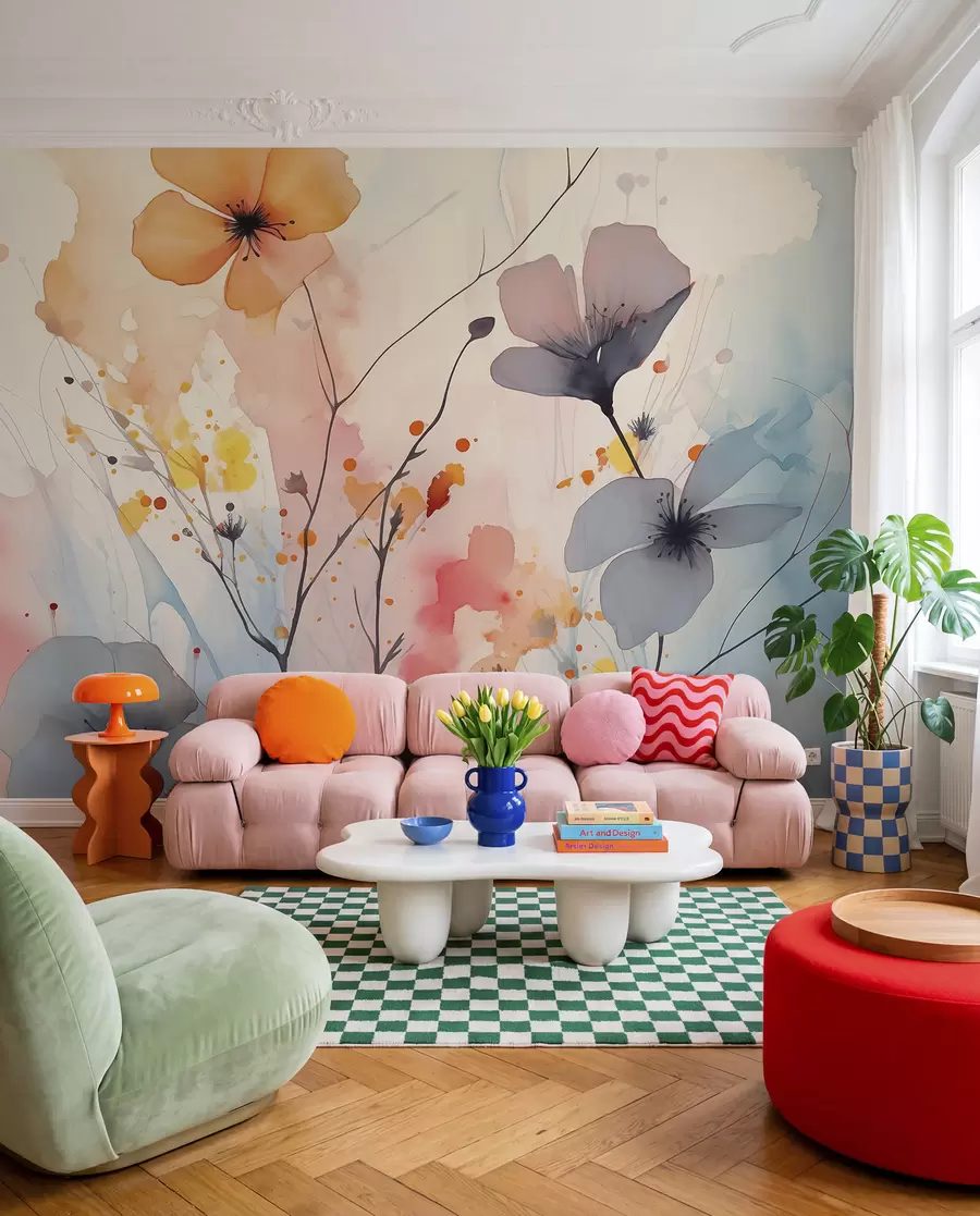 Fototapety Abstraktné svetlé kvety a vetvy so striekaním farby mokrým akvarelom w02049