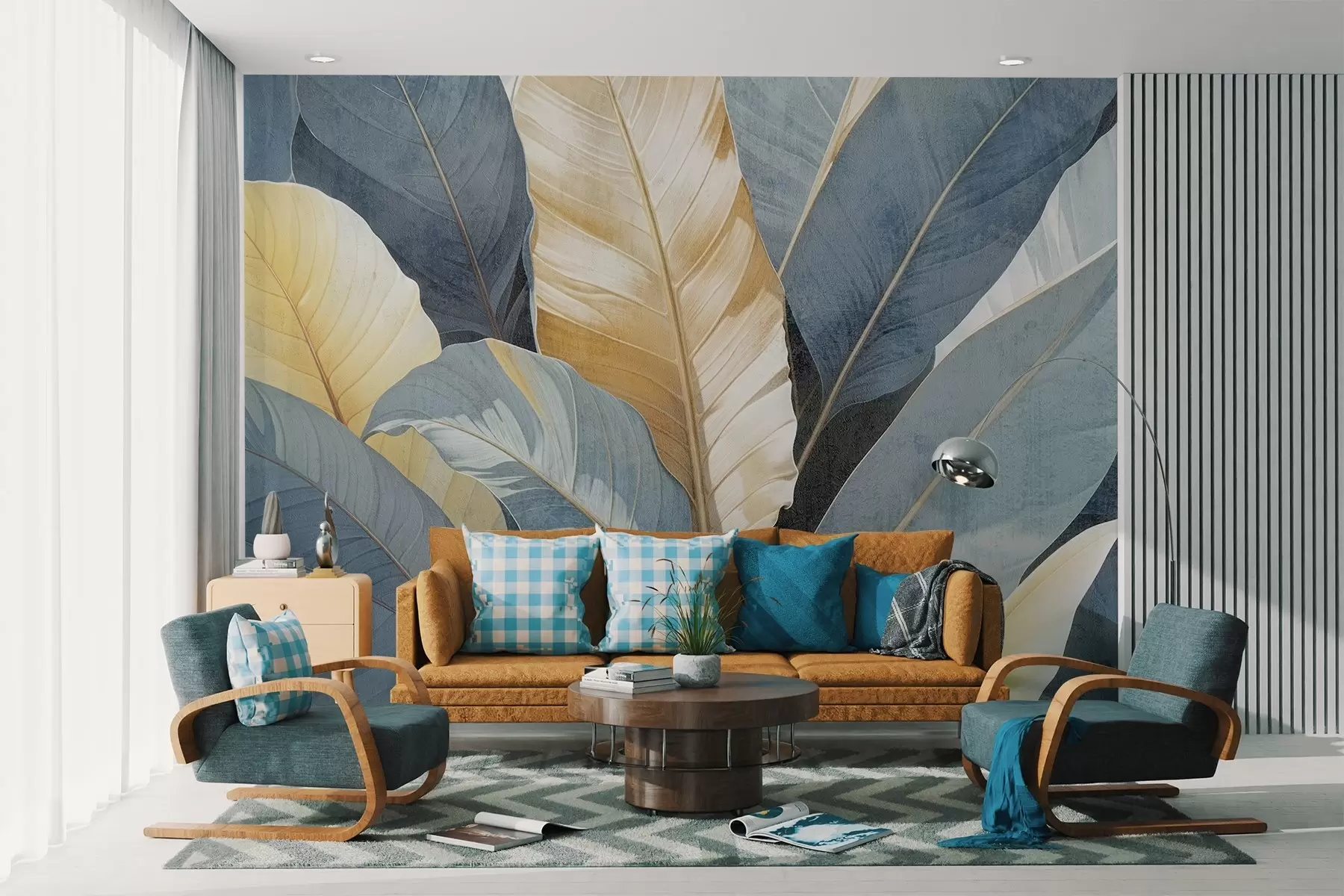 Fototapety Pohľad zblízka na veľké svieže, štruktúrované dekoratívne tropické listy v modrých, zelených a žltých odtieňoch w08373