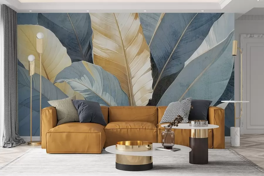 Fototapety Pohľad zblízka na veľké svieže, štruktúrované dekoratívne tropické listy v modrých, zelených a žltých odtieňoch w08373