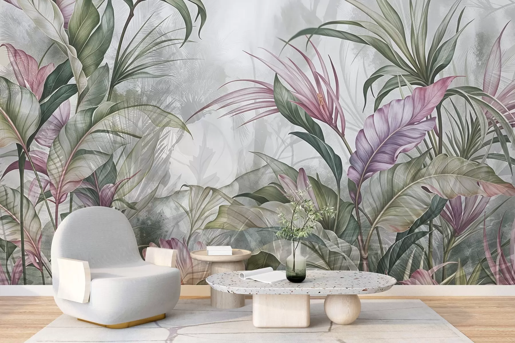 Fototapety Tropická džungľa s veľkými zelenými listami a ružovými kvetmi protey s rozmazaným textúrovaným pozadím w08375