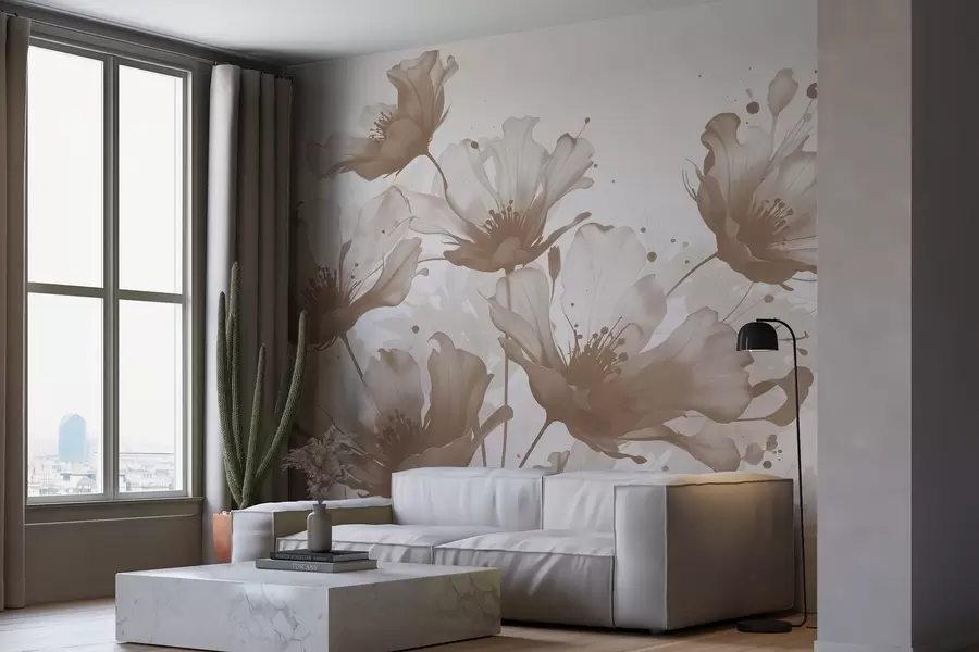 Fototapety Jemné hnedé kvety s jemnými, rozmazanými okvetnými lístkami a akvarelovými škvrnami na svetlom pozadí w08376v1